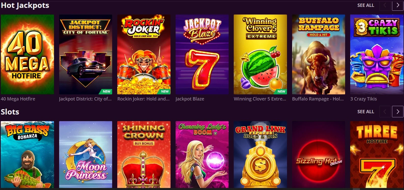 Malina Casino Mobiel Menu